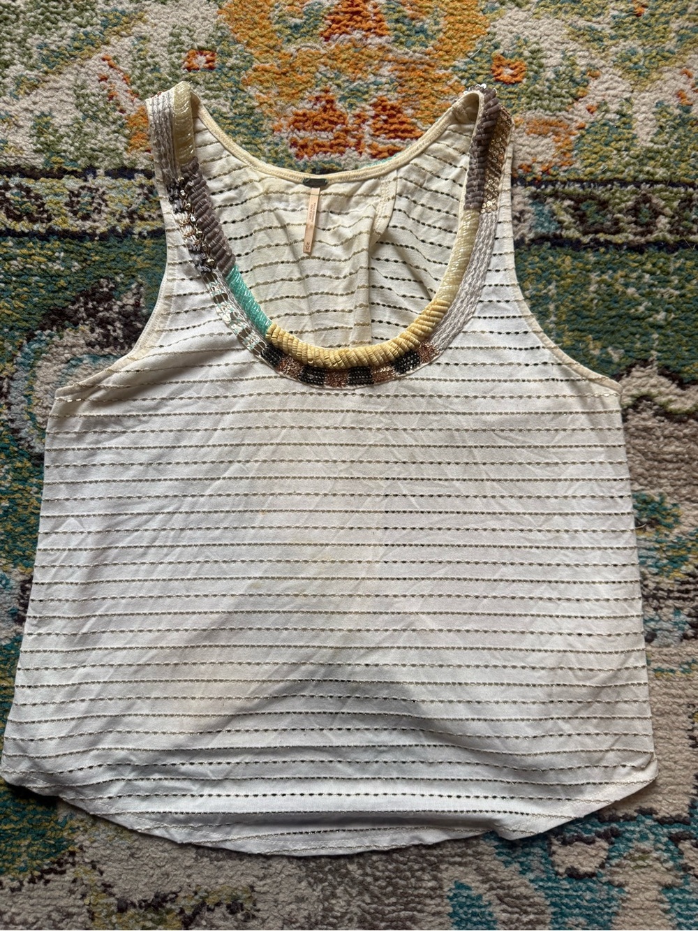 Free People Ivory Beaded Metallic Stripe Tank Top Racerback Size M Boho